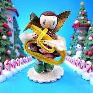 Vintage Putz Angel Ornament Pinecone Chenille Gold Foil Horn Mica Snow Japan Chr